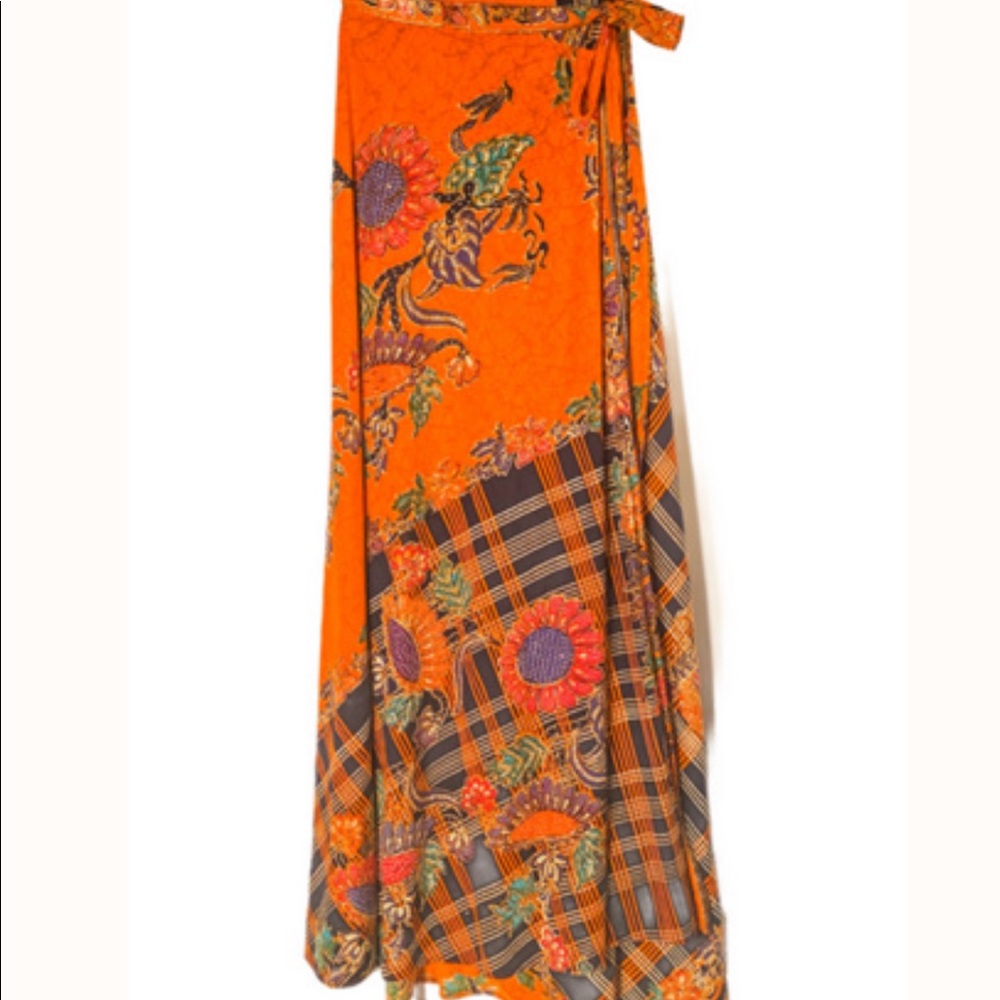 Gorgeous  maxi wrap skirt in orange color with brown flowers